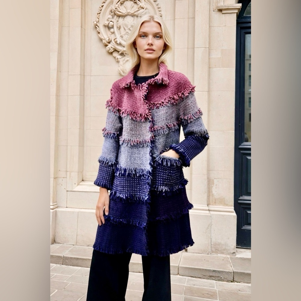 Pé de Chumbo Wool Knit Fringe Wrap Around Long Sleeve Coat Jacket